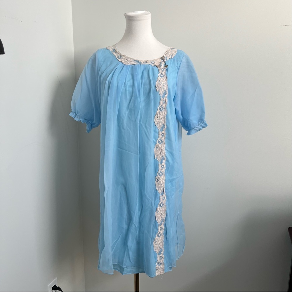 Vintage Blue Chiffon Nightgown / Sheer Lace Trim Dress – Fairycore romantic L/XL - Picture 2 of 5